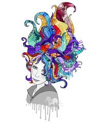 Portrait of young beautiful girl with creative textured multicolor hair. Vector illustration isolated on white background.