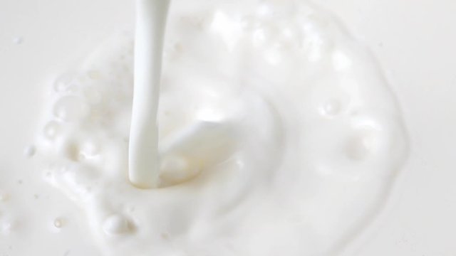 Pouring fresh milk in slow motion, moving water on white background, Closeup Front view Food concept.