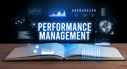 PERFORMANCE MANAGEMENT inscription coming out from an open book, creative business concept