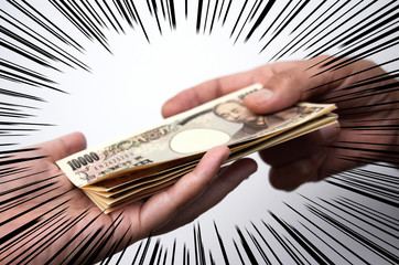 数枚の1万円札を手渡しするイメージ（漫画のような表現）