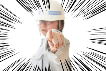 指差しをする女性作業員（漫画のような表現）