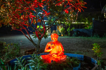 Beautiful Buddha statue in the night garden, Goa, India