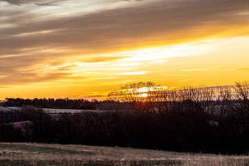 Golden sunrise over a rural countryside with trees in silhouette