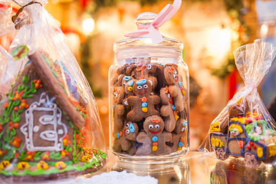 Gingerbread cookies jar Christmas tree room background