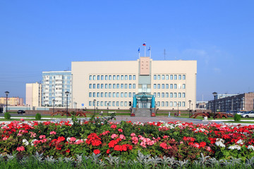 The mayor's office of the Siberian city of Novy Urengoy on a summer day in Russia