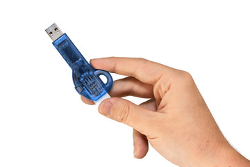Blue memory stick on hand with white background
