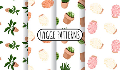 Hygge set of potted succulents plants and himalayan salt lamps seamless patterns. Cozy lagom scandinavian style texture background tiles - obrazy, fototapety, plakaty