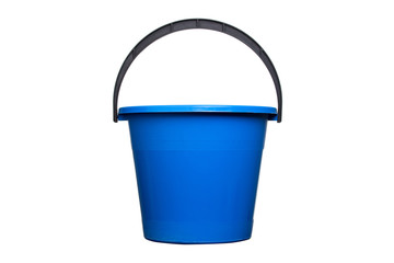 Plastic blue water bucket with black handle. Cleaning Products and Supplies. Isolated white background