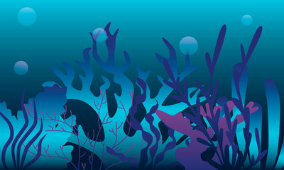 Fototapeta na wymiar Beautiful underwater ocean background with seaweed and bubbles. Vector illustration