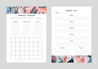 Monthly Planner plus Weekly List Templates. Organizer and Schedule with Notes and To Do List. Vector