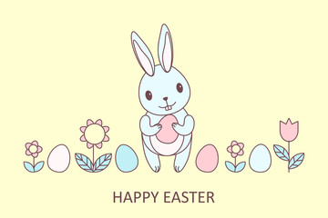 Cute Easter baby bunny, flowers and Easter eggs. Greeting card, vector illustration