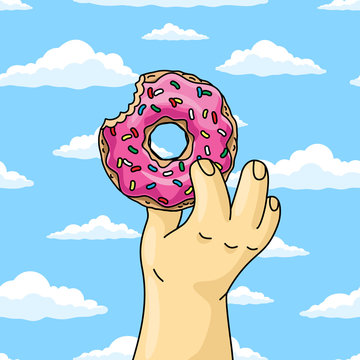 man holding half-eaten cartoon donut with pink glaze against blue sky wish clouds. close up vector illustration 