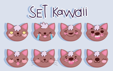 emojis kawaii cartoon faces brown cat set