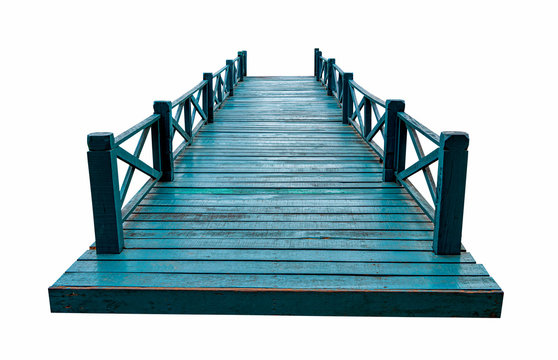 Old green wooden bridge isolated on white background with clipping path.