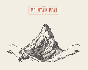 Vector mountain peak engraving style, hand drawn