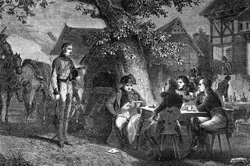 Napoleon's cold blood upon hearing of the defeat of the battle of Dennewitz. 6th September 1813. Antique illustration. 1890.