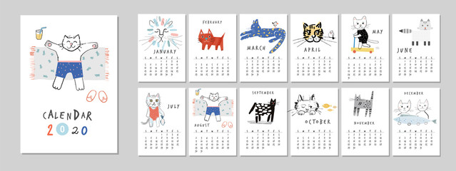 Calendar 2020 with fun and cute cats. Printable creative template