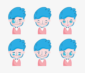 kawaii cartoon faces cute young boy with blue hair