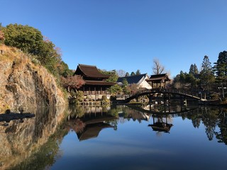 Garden of Japanese Traditional Zen Temple with Reflection on Pond