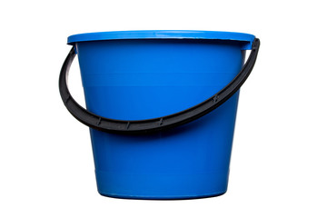 Plastic blue water bucket with black handle. Cleaning Products and Supplies. Isolated white background