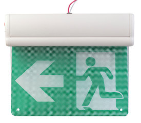 green emergency exit sign / arrow in a public building. LED exit indicator isolated on a white...