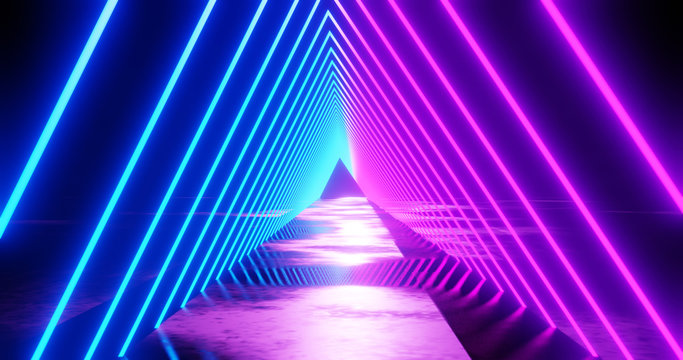 3d render, abstract geometric background, fluorescent ultraviolet light, glowing neon lines rotating tunnel, blue red pink purple spectrum, spinning around, modern colorful illumination, 