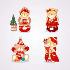 Set of Little Cute Bears in Different Christmas Costume on Light Background with Shadows. Christmas Concept Illustration for Greeting Cards or Poster Design