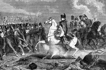 Napoleon in the battle of Arcis-Sur-Aube. 20th-21rst March 1814. Antique illustration. 1890. - obrazy, fototapety, plakaty