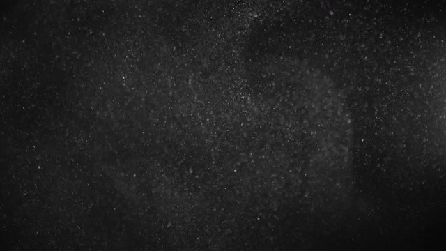 Natural Organic Dust Particles Floating On Black Background. Glittering Sparkling Particles Randomly Spin In The Air With Bokeh. Dynamic Particles With Fast And Slow Motion. Shimmering Dust In Space.