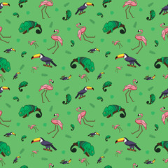 Seamless pattern with color cartoon icon of a chameleon, flamingo and toucan..Jungle life on colorful green background. © Oleh