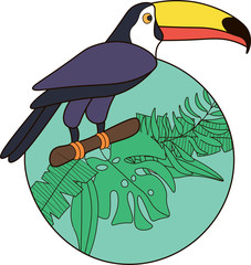 Toucan in jungle vector illustration. Toucan chameleon logo icon design. Toucan in jungle vector art. © Oleh