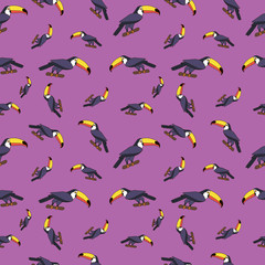 Seamless pattern with color cartoon icon of a Toucan. .Vector image for social posts, promotional materials.or fabric. Toucan on colorful background. © Oleh