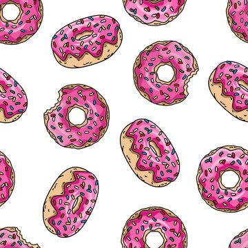 Cartoon donuts with pink glaze and colored sprinkles on white background. Seamless pattern. Texture for fabric, wrapping, wallpaper. Decorative print.