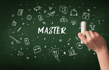 Hand drawing MASTER inscription with white chalk on blackboard, education concept