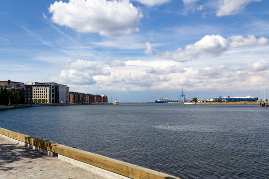 The view of the Inner harbour (Inre hamnen) and the sea called Öresund, the Finnlines ferry boats and the apartments along the shore in Malmö, Sweden