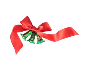 Green Christmas bells with a red bow on white background