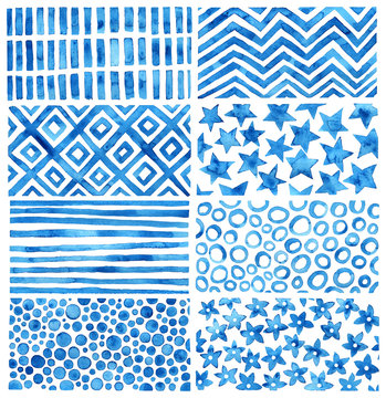 Fototapeta Set of blue watercolor textures. Ornament drawn by paint on paper. Cute geometric patterns. Freehand drawing.