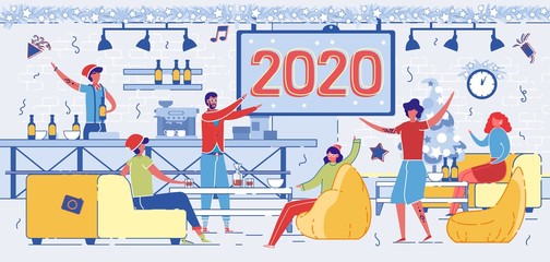 Fototapeta premium Cartoon People Celebrate New Year Night in Pub