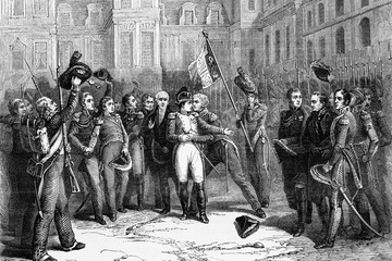 Napoleon's farewell to the imperial guard in the courtyard of the Palace of Fontainebleau. 1814. Antique illustration. 1890.