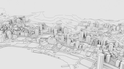 3D white city model. Outline 3D illustration