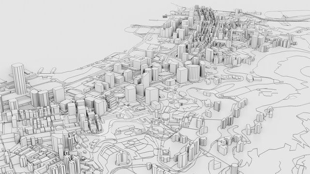 3D White City Model. Outline 3D Illustration