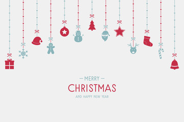 Naklejka na ściany i meble Minimalist Christmas background with hanging ornaments and wishes. Xmas greeting card. Vector