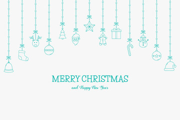 Christmas background with hanging ornaments and wishes. Xmas greeting card with decorations. Vector