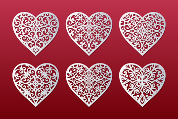 Fototapeta na wymiar Laser cut hearts set with lace pattern. Templates for interior design, layouts wedding cards, invitations, Valentine's Day cards. Vector floral hearts.