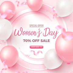 Women's Day Special Offer. 70% Off Sale card design with white frame, pink and white air balloons on rosy background