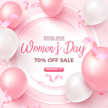 Women's Day Special Offer. 70% Off Sale card design with white frame, pink and white air balloons on rosy background