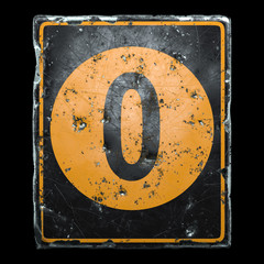 Public road sign orange and black color with a capital letter 0 in the center isolated on black background. 3d