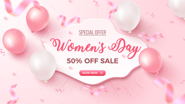 Women's Day Special Offer. 50% Off Sale banner design with white frame, pink and white air balloons on rosy background