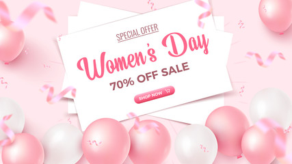 Women's Day Special Offer. 70% Off Sale banner design with white frame, pink and white air balloons on rosy background