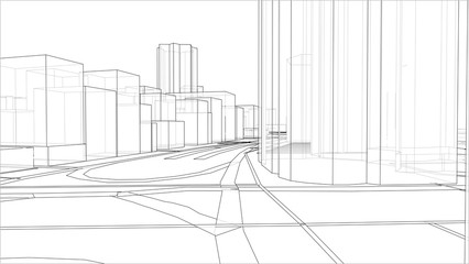 Sketch of 3D city with buildings and roads. Vector